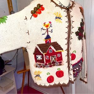 FANTASTIC VINTAGE COTTON RAMIE CARDIGAN SWEATER FALL FARM ANIMALS COTTAGECORE ML